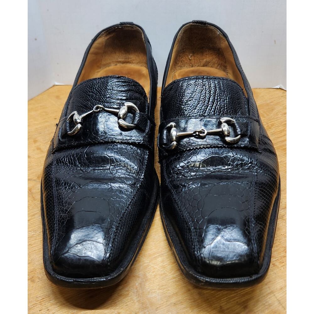 David Eden‎ Lizard/Ostrich Loafer Sz 10.5 Black Leather Silver Horsebit